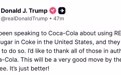 特朗普插手可口可乐的配方：要用真正的蔗糖