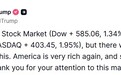 特朗普发文庆祝美股大涨：这样的上涨还会有很多