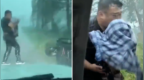 前车侧翻，男子冒雨抱出幼童，差点被风撂倒