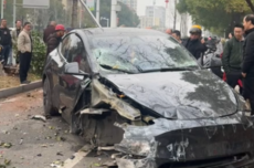 特斯拉Model Y路口突然失控 冲上绿化带原地起飞