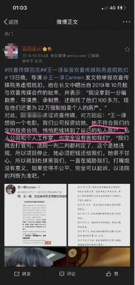 被导演王一淳举报税务虚假抵扣 欢喜传媒回应：以法院判决为准