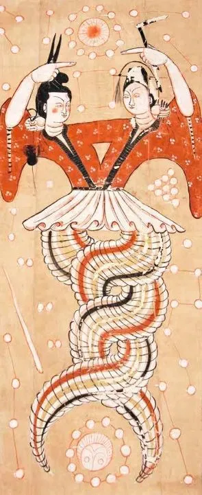 《伏羲女娲图》，唐，绢本设色，纵 220厘米，横 116.5 厘米，现藏新疆维吾尔自治区博物馆，1965 年新疆阿斯塔那墓地出土。画中伏羲、女娲是人首蛇身形象