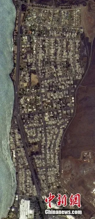 毛伊岛拉海纳小镇火灾后的卫星影像。图/视觉中国