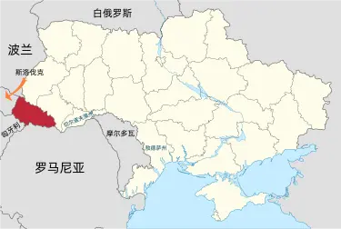 在外喀尔巴阡州（红色）2001年的人口普查中，乌克兰人和被归为乌克兰人的卢森尼亚人占80.5%，匈牙利人占12.1% 。图自维基百科
