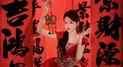 任敏一袭红裙年味浓郁