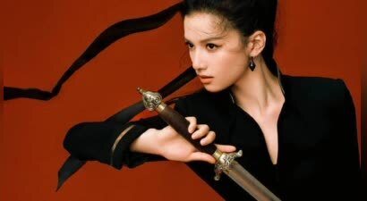 张婧仪黑衣长裙高马尾，演绎侠女剑客酷飒英姿