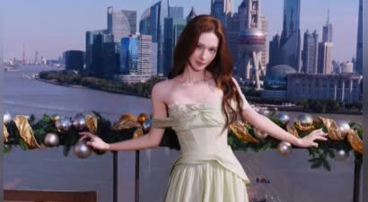 金晨浅绿色纱裙清新动人，肌肤白皙楚楚动人