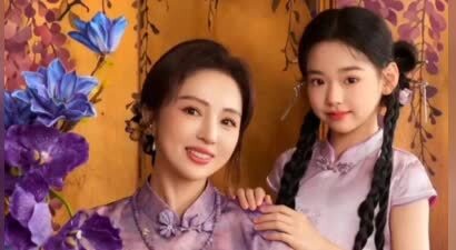 董璇小酒窝母女同穿紫色旗袍画面养眼