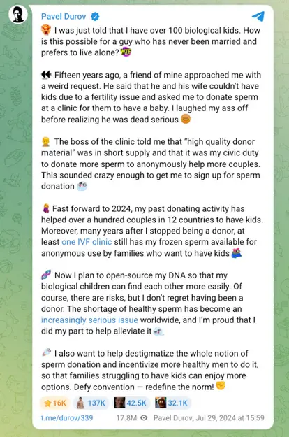 杜罗夫发帖称自己有100多个孩子。