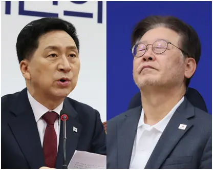 执政党国民力量党首金起炫（左）和共同民主党党首李在明 资料图片 图源：韩媒