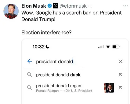 对特朗普实施搜索禁令？马斯克质疑谷歌干涉美国大选