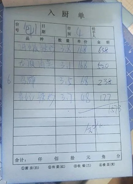 涉事餐馆的入厨单