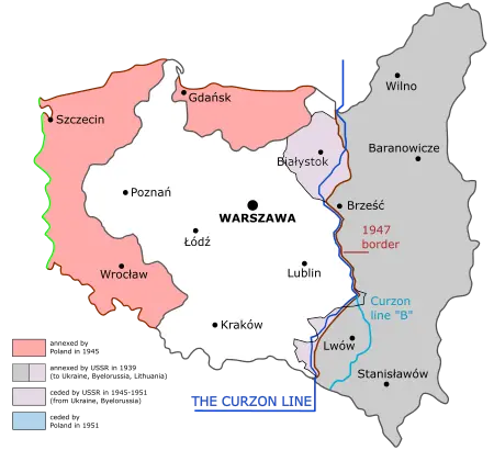 在1939年的苏德互不侵犯条约中，波兰前东部领土（灰色）被分给苏联。1945年，德国奥德河-尼斯河线（粉红色）以东的大部分地区（称为德国前东部领土或收复领土）被分给波兰，与波兰余下的地区构成了新成立的波兰人民共和国。图自维基百科