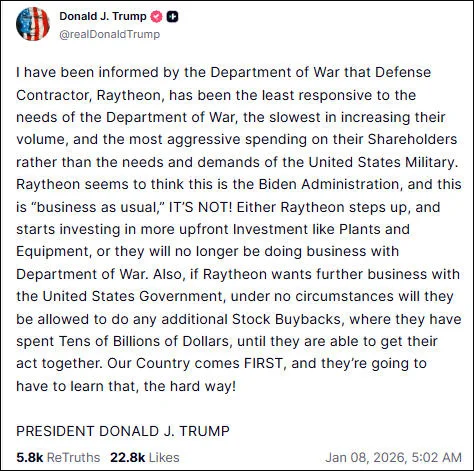 特朗普在社交媒体上痛批雷神公司