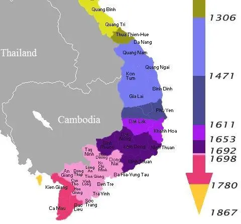 ▲越南向南扩张领土（1306年－1867年）