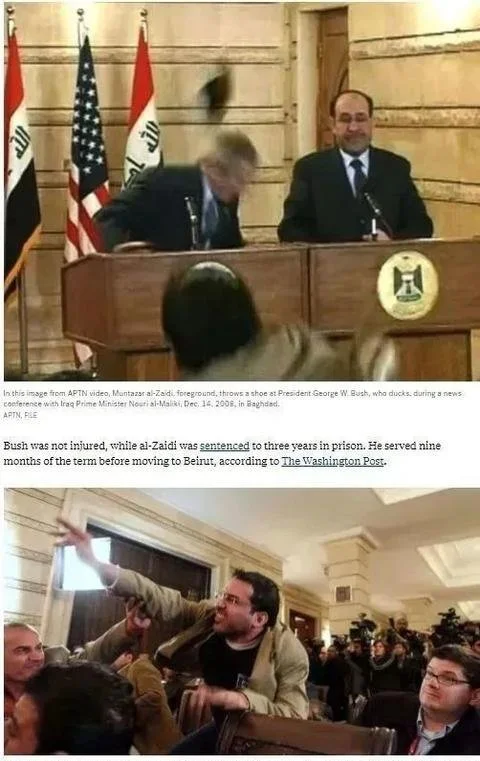 美媒回顾2008年，美国时任总统小布什遭伊拉克记者扎伊迪扔鞋事件。图片来源：美国广播公司报道截图