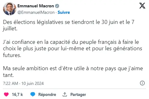 ▲ 法国总统马克龙宣布在6月30日、7月7日进行议会选举。（社媒X截图）