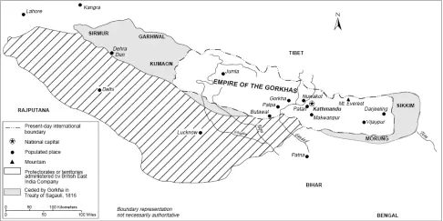1816年《赛高里条约》，斜线部分是尼泊尔被割让的领土。来源/维基百科