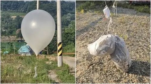 韩国网友拍摄到的飘落至韩国京畿道坡州市（朝韩边境）的朝鲜垃圾气球