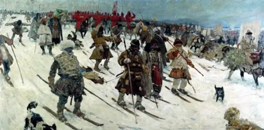 谢尔盖·伊万诺夫的画作《十六世纪莫斯科罗斯的远征》，1903年