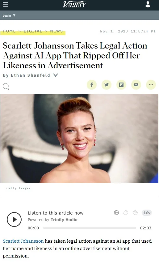 斯嘉丽约翰逊对AI开发商提起诉讼 称广告擅自使用了她的姓名肖像和声音