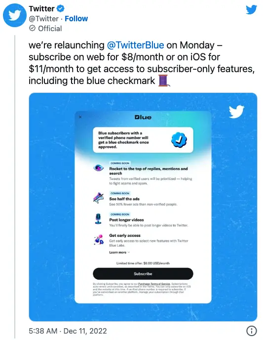 推特将重推Twitter Blue订阅服务