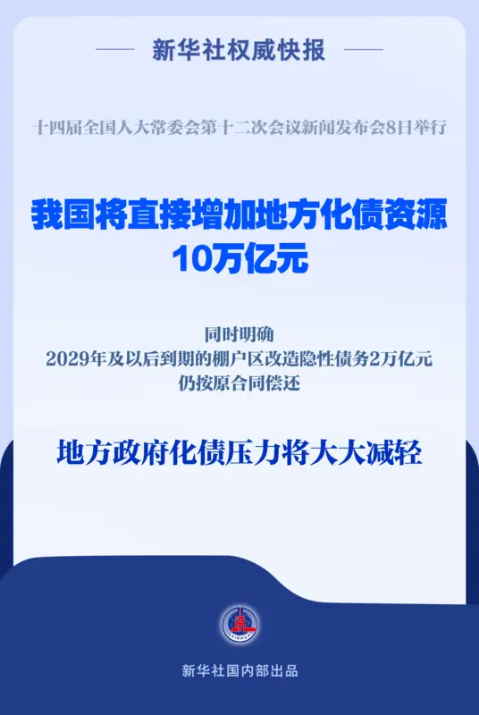 直接安排10万亿元，地方政府化债压力将大大减轻