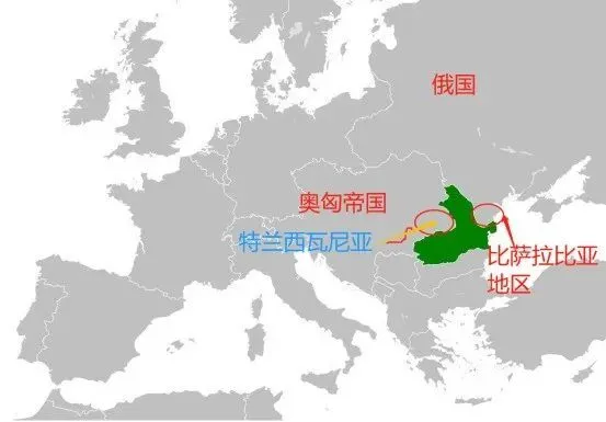 ▲1890年的罗马尼亚地图（绿色），比萨拉比亚和特兰西瓦尼亚都不在领土内