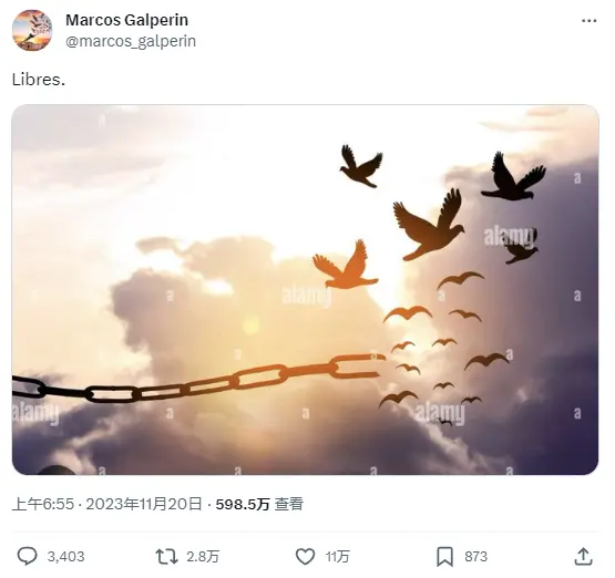 美客多创始人兼首席执行官马科斯·加尔佩林发布一张小鸟挣脱锁链的图片，并配文：“自由”