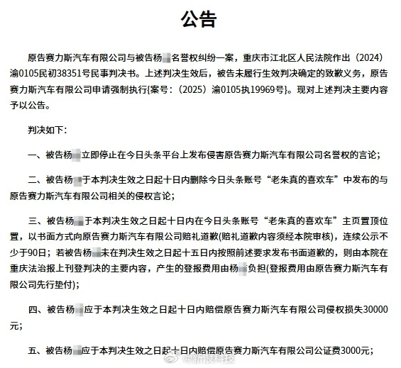 赛力斯维权胜诉 博主判赔3万元拒不执行被限高