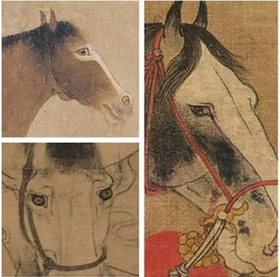 韩幹《十六神骏图》局部(左上)、《清溪饮马图》局部(左下)、《圉人呈马图》局部(右)