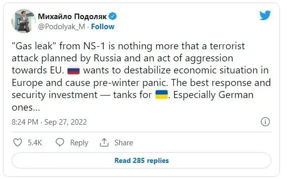 ▎ 乌克兰总统顾问米哈伊洛·波多利亚克（Mikhaylo Podolyak）的推特，在推特中，他指责俄罗斯是这起事件的幕后元凶。图源：推特