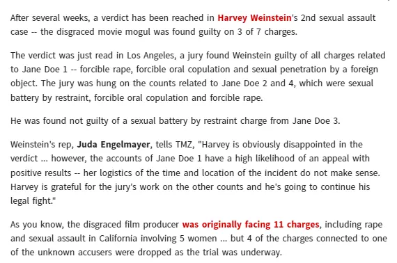 好莱坞知名制片人韦恩斯坦被判强奸罪 或又面临24年监禁