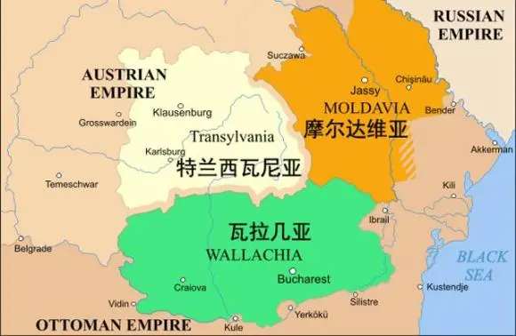 ▲奥斯曼时期的瓦拉几亚和摩尔达维亚、以及特兰西瓦尼亚（属于奥地利和后来的奥匈帝国）