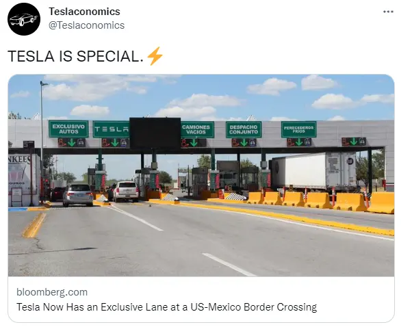为加快供应商将零部件和原材料从墨西哥新莱昂州运输到美国得克萨斯州的速度，新莱昂州建立了特斯拉供应商专用的过境车道