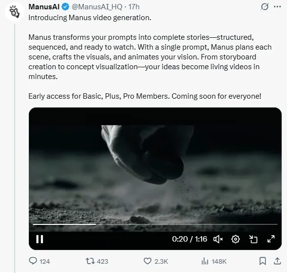 Manus推出“文生视频”功能，挑战OpenAI等竞争对手