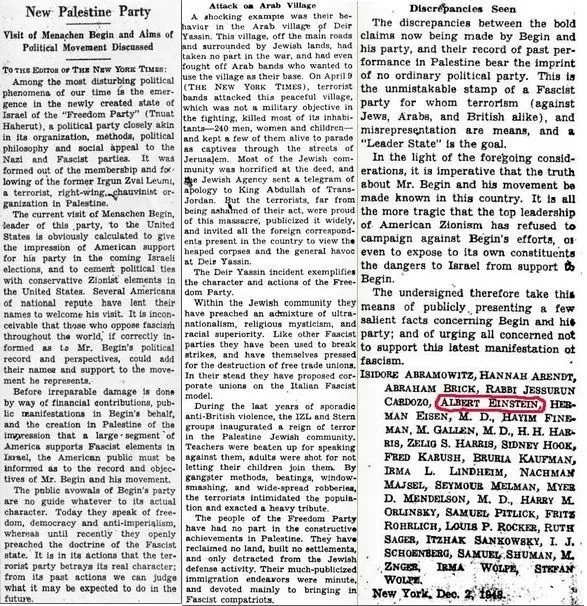 ▎1948年12月4日，爱因斯坦、汉娜·阿伦特等人发表对贝京的访问以及政治运动目标的讨论。