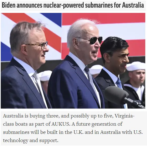 美联社报道截图（从左至右依次为澳大利亚总理阿尔巴尼斯、美国总统拜登和英国首相苏纳克）来源：央视网