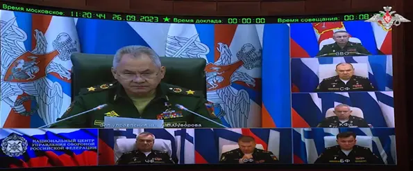俄国防部26日在社交平台上所发布关于绍伊古主持会议视频中的画面