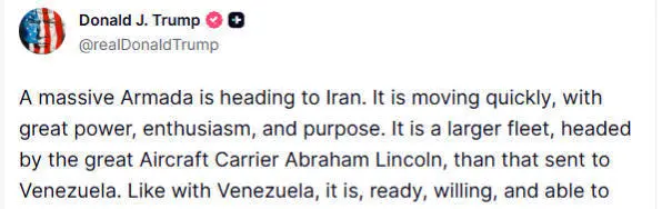 △1月28日，美总统特朗普在社交媒体上发布声明（部分截图）