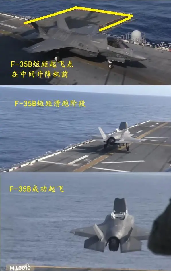 F-35B在美国号两栖攻击舰上短距滑跑起飞距离不到200米