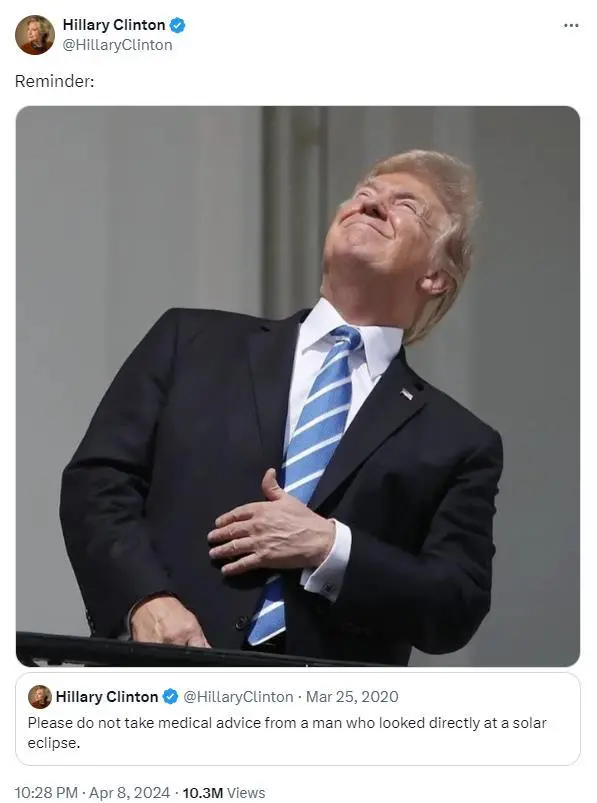 美国上演日全食,希拉里调侃特朗普,拜登也发警告