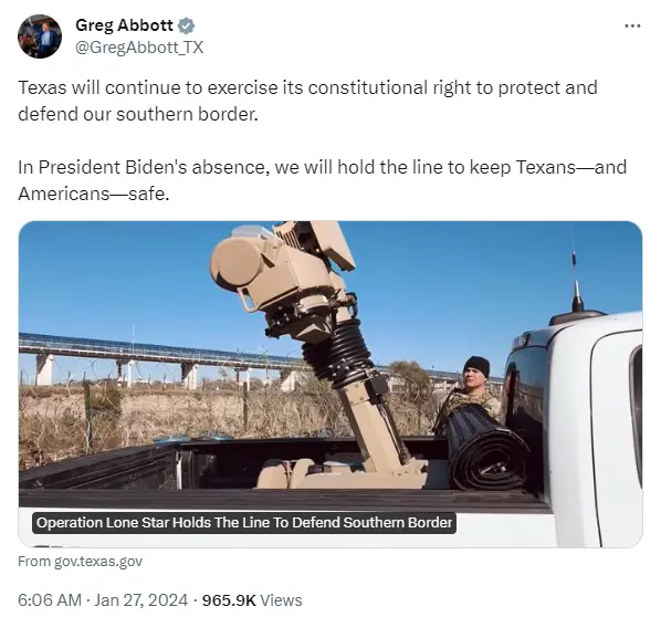 得州州长阿博特在社交媒体X上继续誓言“保卫南部边境”