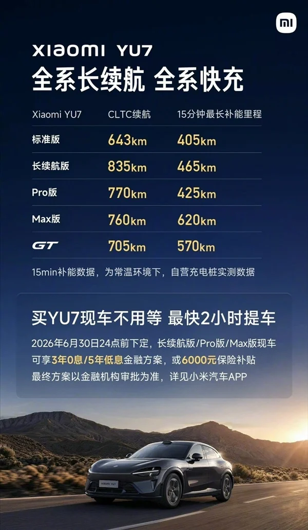 一图读懂！雷军放出小米YU7全系续航充电数据：续航最高干到835km
