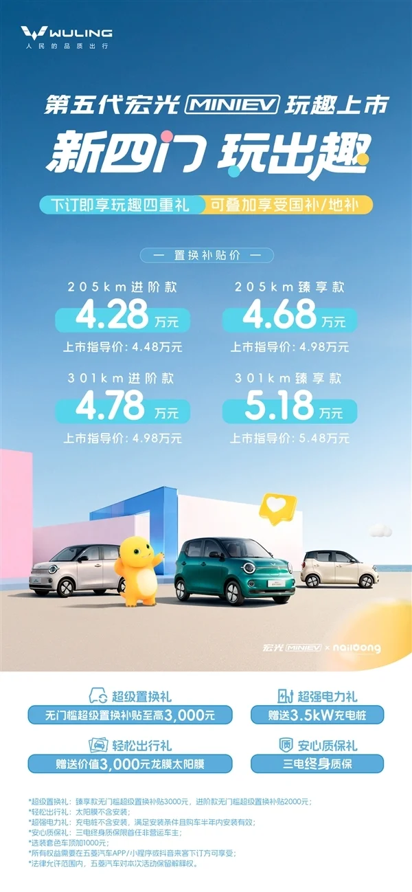 微型代步车之王焕新!新一代五菱宏光MINIEV上市:4.48万起