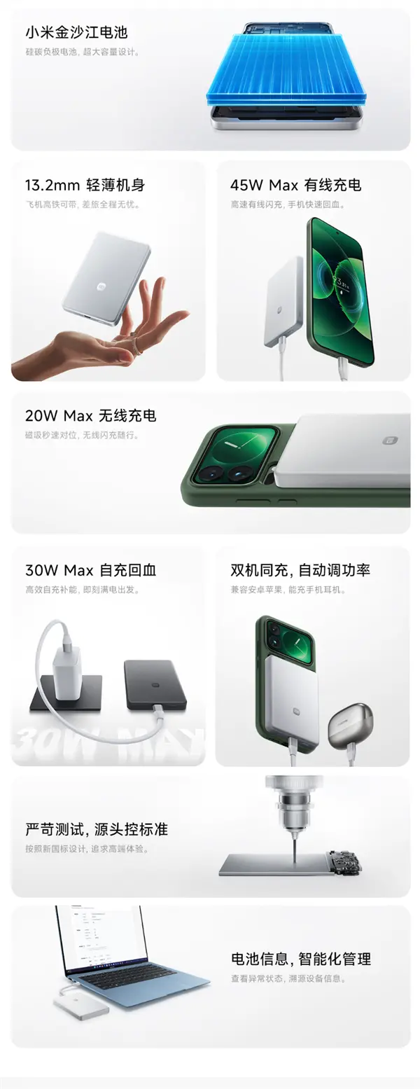 雷军推荐新款小米金沙江充电宝:13.2mm超薄磁吸10000mAh