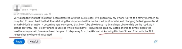 苹果iOS 17.1 RC版未解决Wi-Fi问题：用户感到非常失望