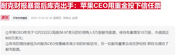 苹果CEO库克再度增持耐克股票 去年买入部分已浮亏25%