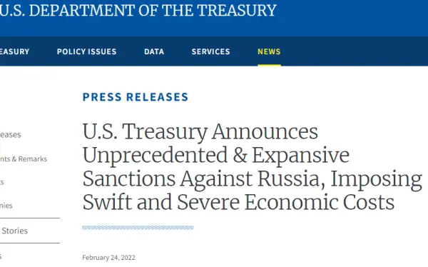 美国财政部宣布严厉制裁俄罗斯