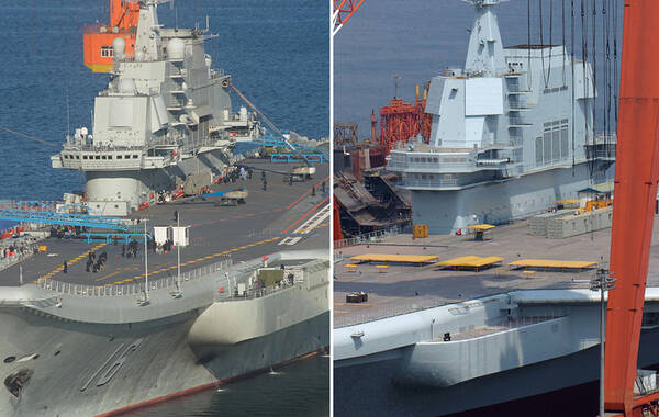 2017年4月23日，辽宁大连，中国首艘国产001A型航母在海军节当天开始向船坞注水，可能于近日正式下水。现在国产航母（右）的外观已经基本明朗，我们能看到许多相较于辽宁舰（左）的改进之处。 此图片来源于（左）东方IC，（右）视觉中国